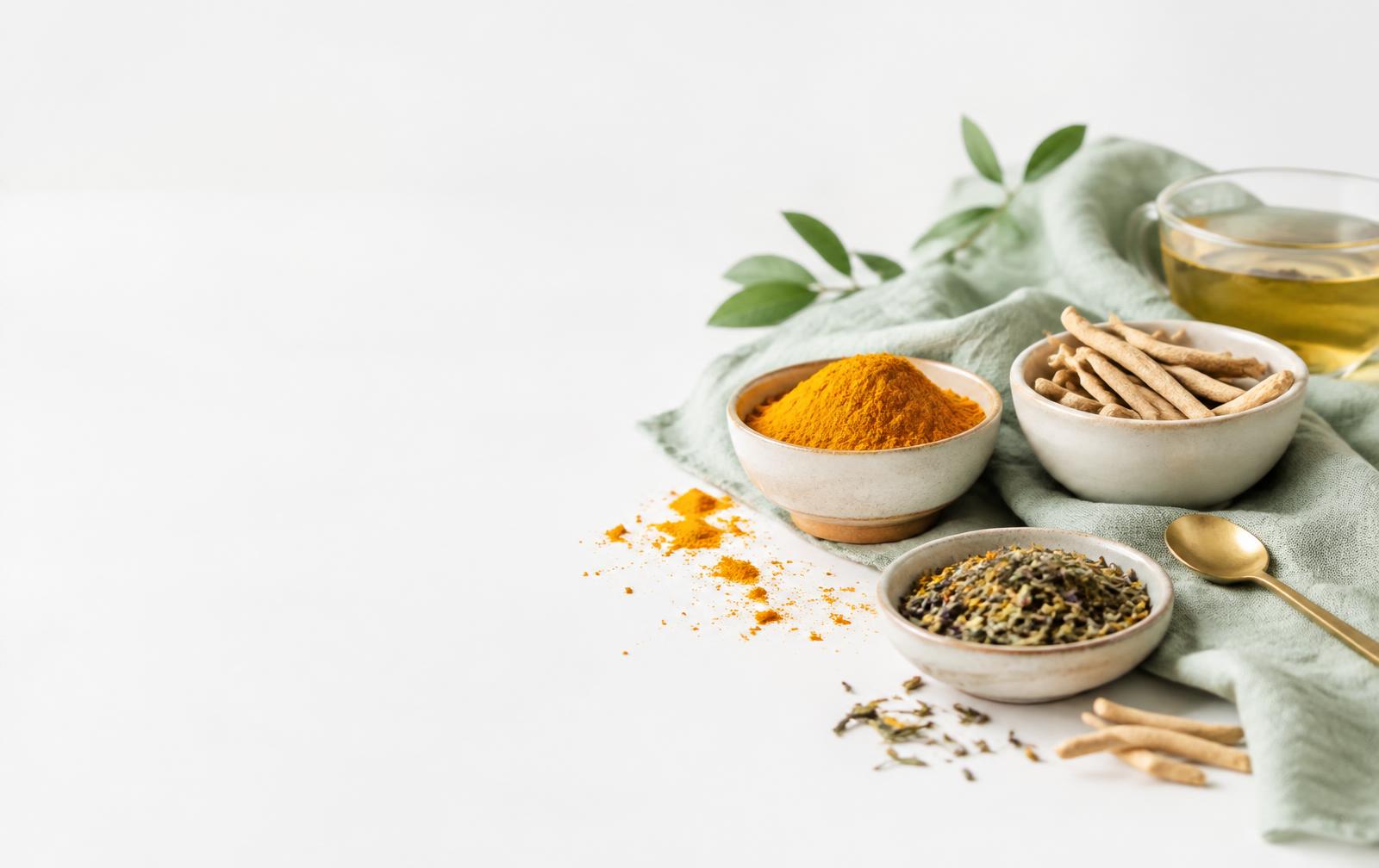 Turmeric, ashwagandha and herbal tea on sage linen